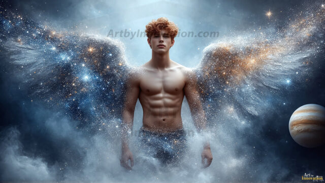 A detailed AI generated photograph featuring a beautiful handsome male angel warrior with ethereal skin and a beautiful body. Imbued with feathered wings, enormous and shimmering, a powerful warrior from the heavens. He possesses a strong, sharp jawline, chiseled muscular torso, pectorals, abs, sleek nose high cheekbones, vibrant eyes, silver earrings. With huge vibrate silver feathered wings, enormous and shimmering, with a radiant hue, reflecting light in a mesmerizing way. Here is a raw, untamed energy that emanates from him. His presence is electrifying, drawing viewers in with his captivating gaze and formidable presence. Perfect face, perfect hands.