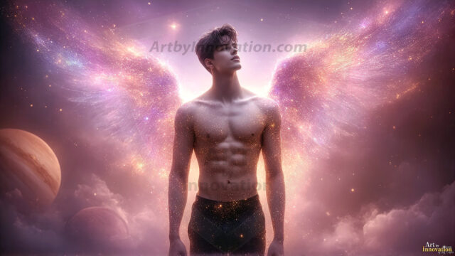 A detailed AI generated photograph featuring a beautiful handsome male angel warrior with ethereal skin and a beautiful body. Imbued with feathered wings, enormous and shimmering, a powerful warrior from the heavens. He possesses a strong, sharp jawline, chiseled muscular torso, pectorals, abs, sleek nose high cheekbones, vibrant eyes, silver earrings. With huge vibrate silver feathered wings, enormous and shimmering, with a radiant hue, reflecting light in a mesmerizing way. Here is a raw, untamed energy that emanates from him. His presence is electrifying, drawing viewers in with his captivating gaze and formidable presence. Perfect face, perfect hands.