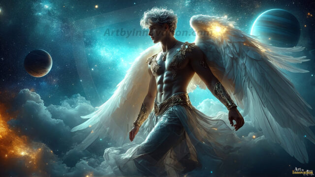A detailed AI generated photograph featuring a beautiful handsome male angel warrior with ethereal skin and a beautiful body. Imbued with feathered wings, enormous and shimmering, a powerful warrior from the heavens. He possesses a strong, sharp jawline, chiseled muscular torso, pectorals, abs, sleek nose high cheekbones, vibrant eyes, silver earrings. With huge vibrate silver feathered wings, enormous and shimmering, with a radiant hue, reflecting light in a mesmerizing way. Here is a raw, untamed energy that emanates from him. His presence is electrifying, drawing viewers in with his captivating gaze and formidable presence. Perfect face, perfect hands.