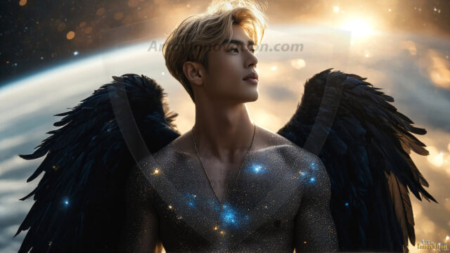 A detailed AI generated photograph featuring a beautiful handsome male angel warrior with ethereal skin and a beautiful body. Imbued with feathered wings, enormous and shimmering, a powerful warrior from the heavens. He possesses a strong, sharp jawline, chiseled muscular torso, pectorals, abs, sleek nose high cheekbones, vibrant eyes, silver earrings. With huge vibrate silver feathered wings, enormous and shimmering, with a radiant hue, reflecting light in a mesmerizing way. Here is a raw, untamed energy that emanates from him. His presence is electrifying, drawing viewers in with his captivating gaze and formidable presence. Perfect face, perfect hands.