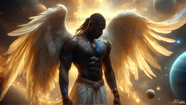 A detailed AI generated photograph featuring a beautiful handsome male angel warrior with ethereal skin and a beautiful body. Imbued with feathered wings, enormous and shimmering, a powerful warrior from the heavens. He possesses a strong, sharp jawline, chiseled muscular torso, pectorals, abs, sleek nose high cheekbones, vibrant eyes, silver earrings. With huge vibrate silver feathered wings, enormous and shimmering, with a radiant hue, reflecting light in a mesmerizing way. Here is a raw, untamed energy that emanates from him. His presence is electrifying, drawing viewers in with his captivating gaze and formidable presence. Perfect face, perfect hands.