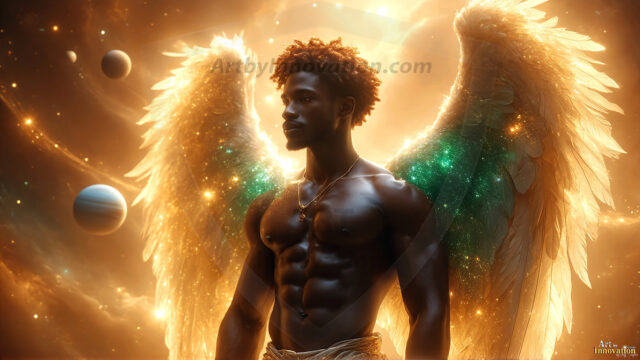 A detailed AI generated photograph featuring a beautiful handsome male angel warrior with ethereal skin and a beautiful body. Imbued with feathered wings, enormous and shimmering, a powerful warrior from the heavens. He possesses a strong, sharp jawline, chiseled muscular torso, pectorals, abs, sleek nose high cheekbones, vibrant eyes, silver earrings. With huge vibrate silver feathered wings, enormous and shimmering, with a radiant hue, reflecting light in a mesmerizing way. Here is a raw, untamed energy that emanates from him. His presence is electrifying, drawing viewers in with his captivating gaze and formidable presence. Perfect face, perfect hands.