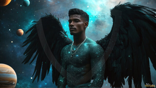 A detailed AI generated photograph featuring a beautiful handsome male angel warrior with ethereal skin and a beautiful body. Imbued with feathered wings, enormous and shimmering, a powerful warrior from the heavens. He possesses a strong, sharp jawline, chiseled muscular torso, pectorals, abs, sleek nose high cheekbones, vibrant eyes, silver earrings. With huge vibrate silver feathered wings, enormous and shimmering, with a radiant hue, reflecting light in a mesmerizing way. Here is a raw, untamed energy that emanates from him. His presence is electrifying, drawing viewers in with his captivating gaze and formidable presence. Perfect face, perfect hands.