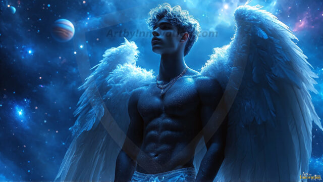 A detailed AI generated photograph featuring a beautiful handsome male angel warrior with ethereal skin and a beautiful body. Imbued with feathered wings, enormous and shimmering, a powerful warrior from the heavens. He possesses a strong, sharp jawline, chiseled muscular torso, pectorals, abs, sleek nose high cheekbones, vibrant eyes, silver earrings. With huge vibrate silver feathered wings, enormous and shimmering, with a radiant hue, reflecting light in a mesmerizing way. Here is a raw, untamed energy that emanates from him. His presence is electrifying, drawing viewers in with his captivating gaze and formidable presence. Perfect face, perfect hands.