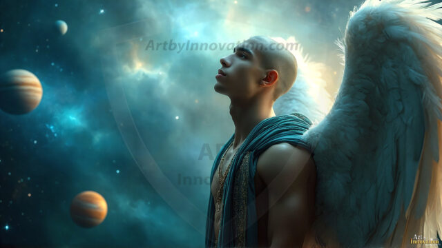 A detailed AI generated photograph featuring a beautiful handsome male angel warrior with ethereal skin and a beautiful body. Imbued with feathered wings, enormous and shimmering, a powerful warrior from the heavens. He possesses a strong, sharp jawline, chiseled muscular torso, pectorals, abs, sleek nose high cheekbones, vibrant eyes, silver earrings. With huge vibrate silver feathered wings, enormous and shimmering, with a radiant hue, reflecting light in a mesmerizing way. Here is a raw, untamed energy that emanates from him. His presence is electrifying, drawing viewers in with his captivating gaze and formidable presence. Perfect face, perfect hands.