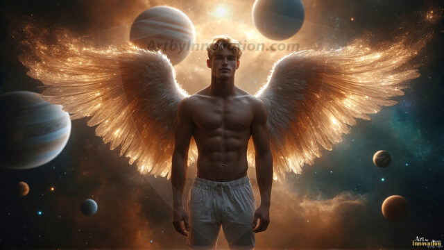 A detailed AI generated photograph featuring a beautiful handsome male angel warrior with ethereal skin and a beautiful body. Imbued with feathered wings, enormous and shimmering, a powerful warrior from the heavens. He possesses a strong, sharp jawline, chiseled muscular torso, pectorals, abs, sleek nose high cheekbones, vibrant eyes, silver earrings. With huge vibrate silver feathered wings, enormous and shimmering, with a radiant hue, reflecting light in a mesmerizing way. Here is a raw, untamed energy that emanates from him. His presence is electrifying, drawing viewers in with his captivating gaze and formidable presence. Perfect face, perfect hands.