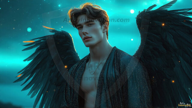 A detailed AI generated photograph featuring a beautiful handsome male angel warrior with ethereal skin and a beautiful body. Imbued with feathered wings, enormous and shimmering, a powerful warrior from the heavens. He possesses a strong, sharp jawline, chiseled muscular torso, pectorals, abs, sleek nose high cheekbones, vibrant eyes, silver earrings. With huge vibrate silver feathered wings, enormous and shimmering, with a radiant hue, reflecting light in a mesmerizing way. Here is a raw, untamed energy that emanates from him. His presence is electrifying, drawing viewers in with his captivating gaze and formidable presence. Perfect face, perfect hands.