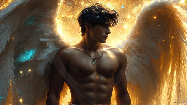 A detailed AI generated photograph featuring a beautiful handsome male angel warrior with ethereal skin and a beautiful body. Imbued with feathered wings, enormous and shimmering, a powerful warrior from the heavens. He possesses a strong, sharp jawline, chiseled muscular torso, pectorals, abs, sleek nose high cheekbones, vibrant eyes, silver earrings. With huge vibrate silver feathered wings, enormous and shimmering, with a radiant hue, reflecting light in a mesmerizing way. Here is a raw, untamed energy that emanates from him. His presence is electrifying, drawing viewers in with his captivating gaze and formidable presence. Perfect face, perfect hands.