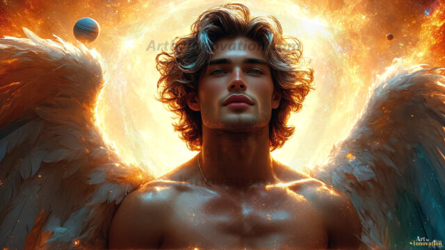 A detailed AI generated photograph featuring a beautiful handsome male angel warrior with ethereal skin and a beautiful body. Imbued with feathered wings, enormous and shimmering, a powerful warrior from the heavens. He possesses a strong, sharp jawline, chiseled muscular torso, pectorals, abs, sleek nose high cheekbones, vibrant eyes, silver earrings. With huge vibrate silver feathered wings, enormous and shimmering, with a radiant hue, reflecting light in a mesmerizing way. Here is a raw, untamed energy that emanates from him. His presence is electrifying, drawing viewers in with his captivating gaze and formidable presence. Perfect face, perfect hands.