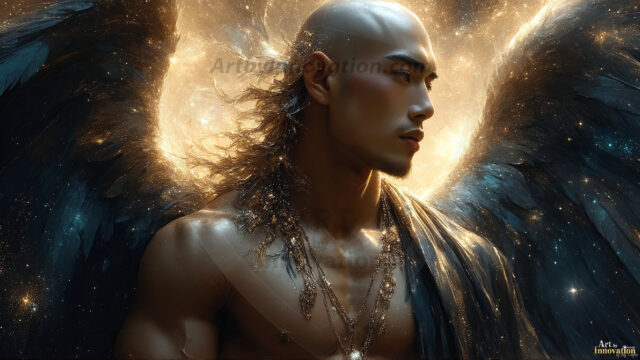A detailed AI generated photograph featuring a beautiful handsome male angel warrior with ethereal skin and a beautiful body. Imbued with feathered wings, enormous and shimmering, a powerful warrior from the heavens. He possesses a strong, sharp jawline, chiseled muscular torso, pectorals, abs, sleek nose high cheekbones, vibrant eyes, silver earrings. With huge vibrate silver feathered wings, enormous and shimmering, with a radiant hue, reflecting light in a mesmerizing way. Here is a raw, untamed energy that emanates from him. His presence is electrifying, drawing viewers in with his captivating gaze and formidable presence. Perfect face, perfect hands.