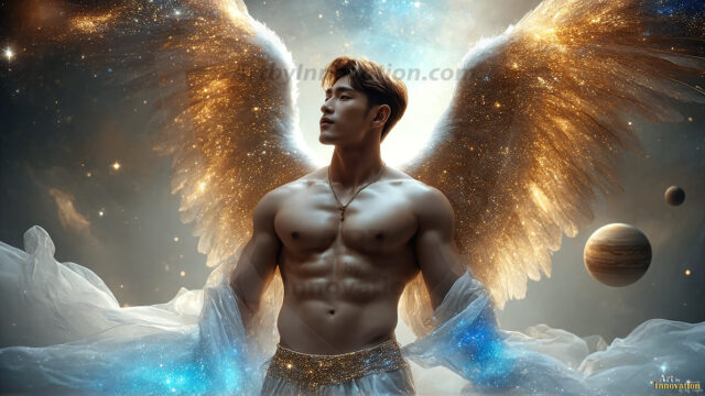 A detailed AI generated photograph featuring a beautiful handsome male angel warrior with ethereal skin and a beautiful body. Imbued with feathered wings, enormous and shimmering, a powerful warrior from the heavens. He possesses a strong, sharp jawline, chiseled muscular torso, pectorals, abs, sleek nose high cheekbones, vibrant eyes, silver earrings. With huge vibrate silver feathered wings, enormous and shimmering, with a radiant hue, reflecting light in a mesmerizing way. Here is a raw, untamed energy that emanates from him. His presence is electrifying, drawing viewers in with his captivating gaze and formidable presence. Perfect face, perfect hands.