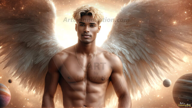 A detailed AI generated photograph featuring a beautiful handsome male angel warrior with ethereal skin and a beautiful body. Imbued with feathered wings, enormous and shimmering, a powerful warrior from the heavens. He possesses a strong, sharp jawline, chiseled muscular torso, pectorals, abs, sleek nose high cheekbones, vibrant eyes, silver earrings. With huge vibrate silver feathered wings, enormous and shimmering, with a radiant hue, reflecting light in a mesmerizing way. Here is a raw, untamed energy that emanates from him. His presence is electrifying, drawing viewers in with his captivating gaze and formidable presence. Perfect face, perfect hands.
