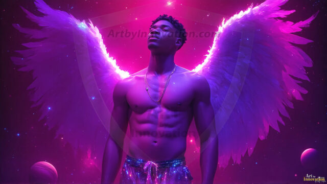 A detailed AI generated photograph featuring a beautiful handsome male angel warrior with ethereal skin and a beautiful body. Imbued with feathered wings, enormous and shimmering, a powerful warrior from the heavens. He possesses a strong, sharp jawline, chiseled muscular torso, pectorals, abs, sleek nose high cheekbones, vibrant eyes, silver earrings. With huge vibrate silver feathered wings, enormous and shimmering, with a radiant hue, reflecting light in a mesmerizing way. Here is a raw, untamed energy that emanates from him. His presence is electrifying, drawing viewers in with his captivating gaze and formidable presence. Perfect face, perfect hands.