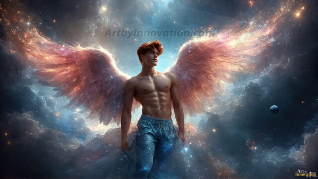 A detailed AI generated photograph featuring a beautiful handsome male angel warrior with ethereal skin and a beautiful body. Imbued with feathered wings, enormous and shimmering, a powerful warrior from the heavens. He possesses a strong, sharp jawline, chiseled muscular torso, pectorals, abs, sleek nose high cheekbones, vibrant eyes, silver earrings. With huge vibrate silver feathered wings, enormous and shimmering, with a radiant hue, reflecting light in a mesmerizing way. Here is a raw, untamed energy that emanates from him. His presence is electrifying, drawing viewers in with his captivating gaze and formidable presence. Perfect face, perfect hands.