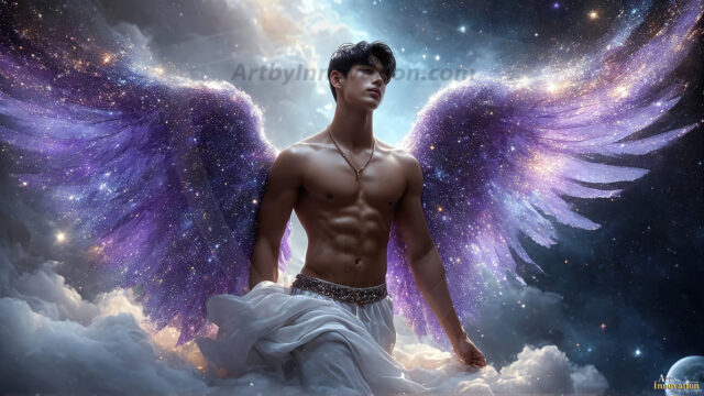 A detailed AI generated photograph featuring a beautiful handsome male angel warrior with ethereal skin and a beautiful body. Imbued with feathered wings, enormous and shimmering, a powerful warrior from the heavens. He possesses a strong, sharp jawline, chiseled muscular torso, pectorals, abs, sleek nose high cheekbones, vibrant eyes, silver earrings. With huge vibrate silver feathered wings, enormous and shimmering, with a radiant hue, reflecting light in a mesmerizing way. Here is a raw, untamed energy that emanates from him. His presence is electrifying, drawing viewers in with his captivating gaze and formidable presence. Perfect face, perfect hands.
