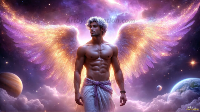 A detailed AI generated photograph featuring a beautiful handsome male angel warrior with ethereal skin and a beautiful body. Imbued with feathered wings, enormous and shimmering, a powerful warrior from the heavens. He possesses a strong, sharp jawline, chiseled muscular torso, pectorals, abs, sleek nose high cheekbones, vibrant eyes, silver earrings. With huge vibrate silver feathered wings, enormous and shimmering, with a radiant hue, reflecting light in a mesmerizing way. Here is a raw, untamed energy that emanates from him. His presence is electrifying, drawing viewers in with his captivating gaze and formidable presence. Perfect face, perfect hands.