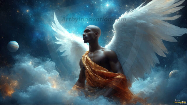 A detailed AI generated photograph featuring a beautiful handsome male angel warrior with ethereal skin and a beautiful body. Imbued with feathered wings, enormous and shimmering, a powerful warrior from the heavens. He possesses a strong, sharp jawline, chiseled muscular torso, pectorals, abs, sleek nose high cheekbones, vibrant eyes, silver earrings. With huge vibrate silver feathered wings, enormous and shimmering, with a radiant hue, reflecting light in a mesmerizing way. Here is a raw, untamed energy that emanates from him. His presence is electrifying, drawing viewers in with his captivating gaze and formidable presence. Perfect face, perfect hands.