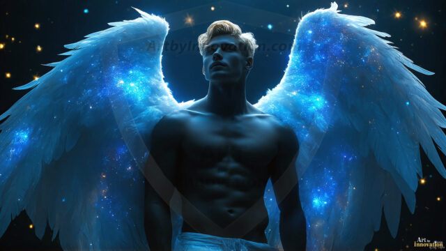 A detailed AI generated photograph featuring a beautiful handsome male angel warrior with ethereal skin and a beautiful body. Imbued with feathered wings, enormous and shimmering, a powerful warrior from the heavens. He possesses a strong, sharp jawline, chiseled muscular torso, pectorals, abs, sleek nose high cheekbones, vibrant eyes, silver earrings. With huge vibrate silver feathered wings, enormous and shimmering, with a radiant hue, reflecting light in a mesmerizing way. Here is a raw, untamed energy that emanates from him. His presence is electrifying, drawing viewers in with his captivating gaze and formidable presence. Perfect face, perfect hands.