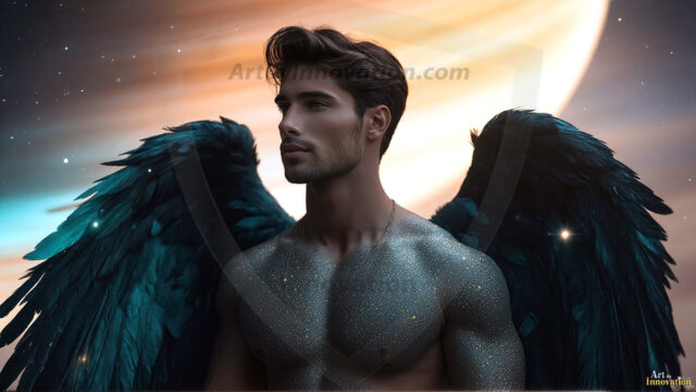 A detailed AI generated photograph featuring a beautiful handsome male angel warrior with ethereal skin and a beautiful body. Imbued with feathered wings, enormous and shimmering, a powerful warrior from the heavens. He possesses a strong, sharp jawline, chiseled muscular torso, pectorals, abs, sleek nose high cheekbones, vibrant eyes, silver earrings. With huge vibrate silver feathered wings, enormous and shimmering, with a radiant hue, reflecting light in a mesmerizing way. Here is a raw, untamed energy that emanates from him. His presence is electrifying, drawing viewers in with his captivating gaze and formidable presence. Perfect face, perfect hands.