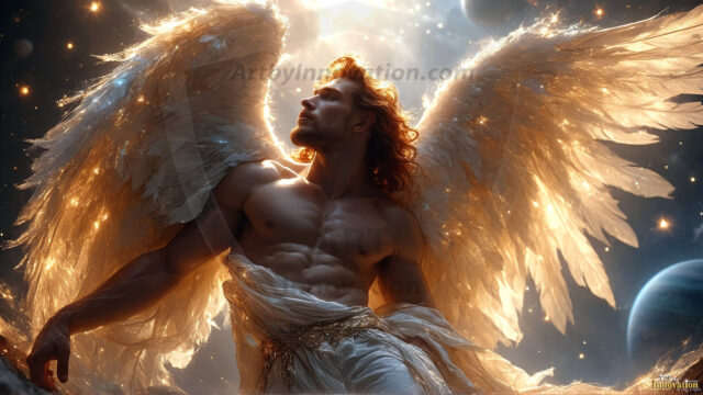 A detailed AI generated photograph featuring a beautiful handsome male angel warrior with ethereal skin and a beautiful body. Imbued with feathered wings, enormous and shimmering, a powerful warrior from the heavens. He possesses a strong, sharp jawline, chiseled muscular torso, pectorals, abs, sleek nose high cheekbones, vibrant eyes, silver earrings. With huge vibrate silver feathered wings, enormous and shimmering, with a radiant hue, reflecting light in a mesmerizing way. Here is a raw, untamed energy that emanates from him. His presence is electrifying, drawing viewers in with his captivating gaze and formidable presence. Perfect face, perfect hands.
