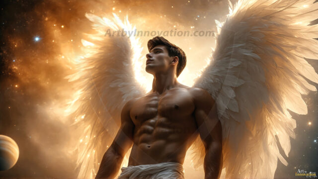 A detailed AI generated photograph featuring a beautiful handsome male angel warrior with ethereal skin and a beautiful body. Imbued with feathered wings, enormous and shimmering, a powerful warrior from the heavens. He possesses a strong, sharp jawline, chiseled muscular torso, pectorals, abs, sleek nose high cheekbones, vibrant eyes, silver earrings. With huge vibrate silver feathered wings, enormous and shimmering, with a radiant hue, reflecting light in a mesmerizing way. Here is a raw, untamed energy that emanates from him. His presence is electrifying, drawing viewers in with his captivating gaze and formidable presence. Perfect face, perfect hands.