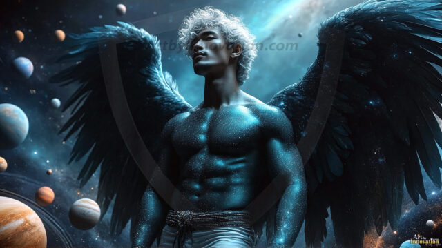 A detailed AI generated photograph featuring a beautiful handsome male angel warrior with ethereal skin and a beautiful body. Imbued with feathered wings, enormous and shimmering, a powerful warrior from the heavens. He possesses a strong, sharp jawline, chiseled muscular torso, pectorals, abs, sleek nose high cheekbones, vibrant eyes, silver earrings. With huge vibrate silver feathered wings, enormous and shimmering, with a radiant hue, reflecting light in a mesmerizing way. Here is a raw, untamed energy that emanates from him. His presence is electrifying, drawing viewers in with his captivating gaze and formidable presence. Perfect face, perfect hands.