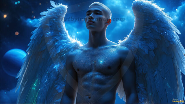 A detailed AI generated photograph featuring a beautiful handsome male angel warrior with ethereal skin and a beautiful body. Imbued with feathered wings, enormous and shimmering, a powerful warrior from the heavens. He possesses a strong, sharp jawline, chiseled muscular torso, pectorals, abs, sleek nose high cheekbones, vibrant eyes, silver earrings. With huge vibrate silver feathered wings, enormous and shimmering, with a radiant hue, reflecting light in a mesmerizing way. Here is a raw, untamed energy that emanates from him. His presence is electrifying, drawing viewers in with his captivating gaze and formidable presence. Perfect face, perfect hands.