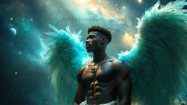 A detailed AI generated photograph featuring a beautiful handsome male angel warrior with ethereal skin and a beautiful body. Imbued with feathered wings, enormous and shimmering, a powerful warrior from the heavens. He possesses a strong, sharp jawline, chiseled muscular torso, pectorals, abs, sleek nose high cheekbones, vibrant eyes, silver earrings. With huge vibrate silver feathered wings, enormous and shimmering, with a radiant hue, reflecting light in a mesmerizing way. Here is a raw, untamed energy that emanates from him. His presence is electrifying, drawing viewers in with his captivating gaze and formidable presence. Perfect face, perfect hands.