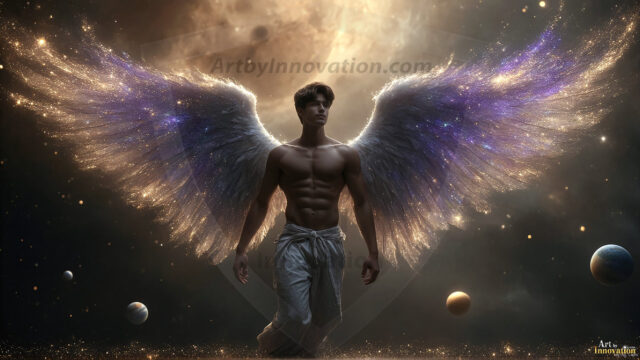 A detailed AI generated photograph featuring a beautiful handsome male angel warrior with ethereal skin and a beautiful body. Imbued with feathered wings, enormous and shimmering, a powerful warrior from the heavens. He possesses a strong, sharp jawline, chiseled muscular torso, pectorals, abs, sleek nose high cheekbones, vibrant eyes, silver earrings. With huge vibrate silver feathered wings, enormous and shimmering, with a radiant hue, reflecting light in a mesmerizing way. Here is a raw, untamed energy that emanates from him. His presence is electrifying, drawing viewers in with his captivating gaze and formidable presence. Perfect face, perfect hands.