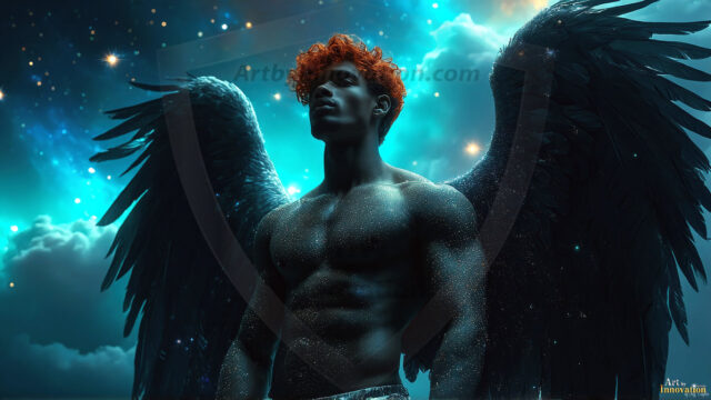 A detailed AI generated photograph featuring a beautiful handsome male angel warrior with ethereal skin and a beautiful body. Imbued with feathered wings, enormous and shimmering, a powerful warrior from the heavens. He possesses a strong, sharp jawline, chiseled muscular torso, pectorals, abs, sleek nose high cheekbones, vibrant eyes, silver earrings. With huge vibrate silver feathered wings, enormous and shimmering, with a radiant hue, reflecting light in a mesmerizing way. Here is a raw, untamed energy that emanates from him. His presence is electrifying, drawing viewers in with his captivating gaze and formidable presence. Perfect face, perfect hands.