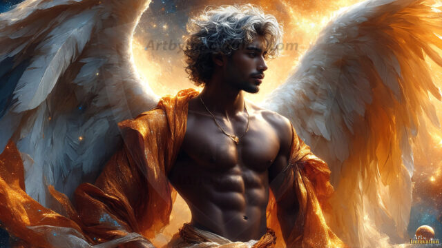 A detailed AI generated photograph featuring a beautiful handsome male angel warrior with ethereal skin and a beautiful body. Imbued with feathered wings, enormous and shimmering, a powerful warrior from the heavens. He possesses a strong, sharp jawline, chiseled muscular torso, pectorals, abs, sleek nose high cheekbones, vibrant eyes, silver earrings. With huge vibrate silver feathered wings, enormous and shimmering, with a radiant hue, reflecting light in a mesmerizing way. Here is a raw, untamed energy that emanates from him. His presence is electrifying, drawing viewers in with his captivating gaze and formidable presence. Perfect face, perfect hands.