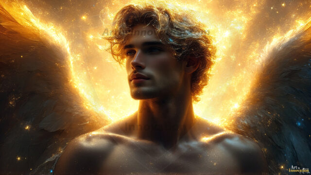 A detailed AI generated photograph featuring a beautiful handsome male angel warrior with ethereal skin and a beautiful body. Imbued with feathered wings, enormous and shimmering, a powerful warrior from the heavens. He possesses a strong, sharp jawline, chiseled muscular torso, pectorals, abs, sleek nose high cheekbones, vibrant eyes, silver earrings. With huge vibrate silver feathered wings, enormous and shimmering, with a radiant hue, reflecting light in a mesmerizing way. Here is a raw, untamed energy that emanates from him. His presence is electrifying, drawing viewers in with his captivating gaze and formidable presence. Perfect face, perfect hands.
