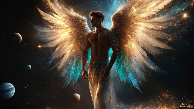 A detailed AI generated photograph featuring a beautiful handsome male angel warrior with ethereal skin and a beautiful body. Imbued with feathered wings, enormous and shimmering, a powerful warrior from the heavens. He possesses a strong, sharp jawline, chiseled muscular torso, pectorals, abs, sleek nose high cheekbones, vibrant eyes, silver earrings. With huge vibrate silver feathered wings, enormous and shimmering, with a radiant hue, reflecting light in a mesmerizing way. Here is a raw, untamed energy that emanates from him. His presence is electrifying, drawing viewers in with his captivating gaze and formidable presence. Perfect face, perfect hands.