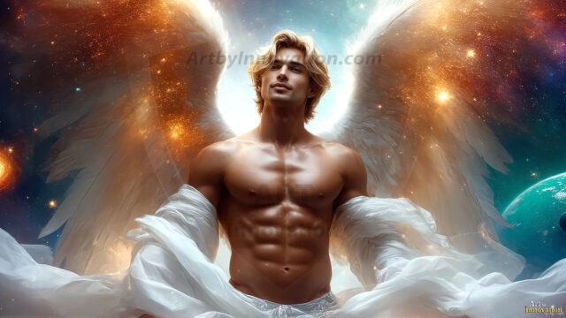 A detailed AI generated photograph featuring a beautiful handsome male angel warrior with ethereal skin and a beautiful body. Imbued with feathered wings, enormous and shimmering, a powerful warrior from the heavens. He possesses a strong, sharp jawline, chiseled muscular torso, pectorals, abs, sleek nose high cheekbones, vibrant eyes, silver earrings. With huge vibrate silver feathered wings, enormous and shimmering, with a radiant hue, reflecting light in a mesmerizing way. Here is a raw, untamed energy that emanates from him. His presence is electrifying, drawing viewers in with his captivating gaze and formidable presence. Perfect face, perfect hands.