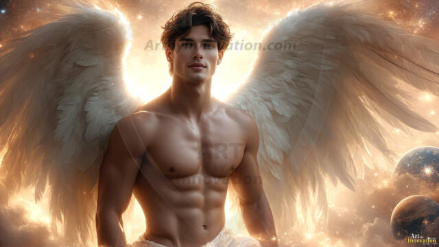 A detailed AI generated photograph featuring a beautiful handsome male angel warrior with ethereal skin and a beautiful body. Imbued with feathered wings, enormous and shimmering, a powerful warrior from the heavens. He possesses a strong, sharp jawline, chiseled muscular torso, pectorals, abs, sleek nose high cheekbones, vibrant eyes, silver earrings. With huge vibrate silver feathered wings, enormous and shimmering, with a radiant hue, reflecting light in a mesmerizing way. Here is a raw, untamed energy that emanates from him. His presence is electrifying, drawing viewers in with his captivating gaze and formidable presence. Perfect face, perfect hands.