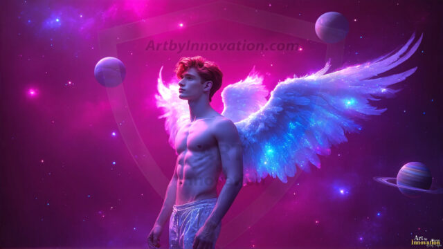 A detailed AI generated photograph featuring a beautiful handsome male angel warrior with ethereal skin and a beautiful body. Imbued with feathered wings, enormous and shimmering, a powerful warrior from the heavens. He possesses a strong, sharp jawline, chiseled muscular torso, pectorals, abs, sleek nose high cheekbones, vibrant eyes, silver earrings. With huge vibrate silver feathered wings, enormous and shimmering, with a radiant hue, reflecting light in a mesmerizing way. Here is a raw, untamed energy that emanates from him. His presence is electrifying, drawing viewers in with his captivating gaze and formidable presence. Perfect face, perfect hands.