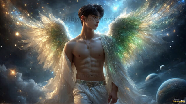 A detailed AI generated photograph featuring a beautiful handsome male angel warrior with ethereal skin and a beautiful body. Imbued with feathered wings, enormous and shimmering, a powerful warrior from the heavens. He possesses a strong, sharp jawline, chiseled muscular torso, pectorals, abs, sleek nose high cheekbones, vibrant eyes, silver earrings. With huge vibrate silver feathered wings, enormous and shimmering, with a radiant hue, reflecting light in a mesmerizing way. Here is a raw, untamed energy that emanates from him. His presence is electrifying, drawing viewers in with his captivating gaze and formidable presence. Perfect face, perfect hands.