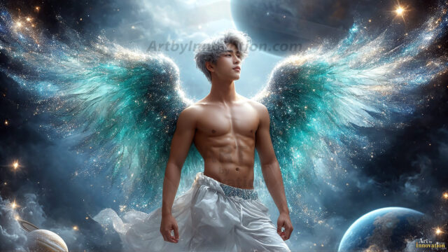 A detailed AI generated photograph featuring a beautiful handsome male angel warrior with ethereal skin and a beautiful body. Imbued with feathered wings, enormous and shimmering, a powerful warrior from the heavens. He possesses a strong, sharp jawline, chiseled muscular torso, pectorals, abs, sleek nose high cheekbones, vibrant eyes, silver earrings. With huge vibrate silver feathered wings, enormous and shimmering, with a radiant hue, reflecting light in a mesmerizing way. Here is a raw, untamed energy that emanates from him. His presence is electrifying, drawing viewers in with his captivating gaze and formidable presence. Perfect face, perfect hands.