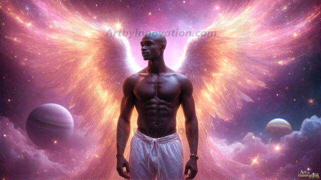 A detailed AI generated photograph featuring a beautiful handsome male angel warrior with ethereal skin and a beautiful body. Imbued with feathered wings, enormous and shimmering, a powerful warrior from the heavens. He possesses a strong, sharp jawline, chiseled muscular torso, pectorals, abs, sleek nose high cheekbones, vibrant eyes, silver earrings. With huge vibrate silver feathered wings, enormous and shimmering, with a radiant hue, reflecting light in a mesmerizing way. Here is a raw, untamed energy that emanates from him. His presence is electrifying, drawing viewers in with his captivating gaze and formidable presence. Perfect face, perfect hands.