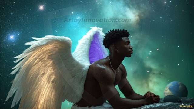 A detailed AI generated photograph featuring a beautiful handsome male angel warrior with ethereal skin and a beautiful body. Imbued with feathered wings, enormous and shimmering, a powerful warrior from the heavens. He possesses a strong, sharp jawline, chiseled muscular torso, pectorals, abs, sleek nose high cheekbones, vibrant eyes, silver earrings. With huge vibrate silver feathered wings, enormous and shimmering, with a radiant hue, reflecting light in a mesmerizing way. Here is a raw, untamed energy that emanates from him. His presence is electrifying, drawing viewers in with his captivating gaze and formidable presence. Perfect face, perfect hands.