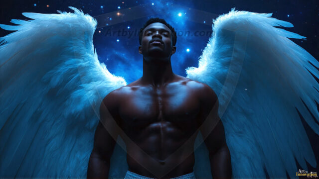 A detailed AI generated photograph featuring a beautiful handsome male angel warrior with ethereal skin and a beautiful body. Imbued with feathered wings, enormous and shimmering, a powerful warrior from the heavens. He possesses a strong, sharp jawline, chiseled muscular torso, pectorals, abs, sleek nose high cheekbones, vibrant eyes, silver earrings. With huge vibrate silver feathered wings, enormous and shimmering, with a radiant hue, reflecting light in a mesmerizing way. Here is a raw, untamed energy that emanates from him. His presence is electrifying, drawing viewers in with his captivating gaze and formidable presence. Perfect face, perfect hands.