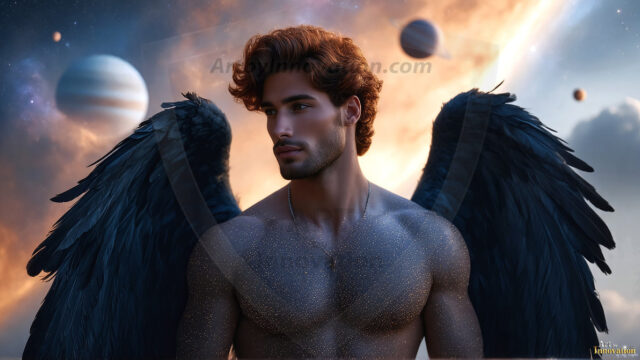 A detailed AI generated photograph featuring a beautiful handsome male angel warrior with ethereal skin and a beautiful body. Imbued with feathered wings, enormous and shimmering, a powerful warrior from the heavens. He possesses a strong, sharp jawline, chiseled muscular torso, pectorals, abs, sleek nose high cheekbones, vibrant eyes, silver earrings. With huge vibrate silver feathered wings, enormous and shimmering, with a radiant hue, reflecting light in a mesmerizing way. Here is a raw, untamed energy that emanates from him. His presence is electrifying, drawing viewers in with his captivating gaze and formidable presence. Perfect face, perfect hands.