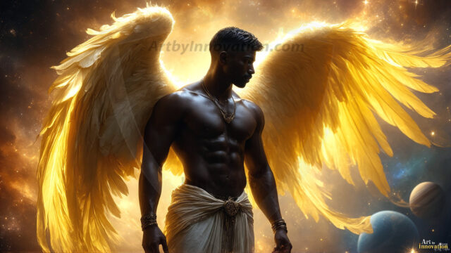 A detailed AI generated photograph featuring a beautiful handsome male angel warrior with ethereal skin and a beautiful body. Imbued with feathered wings, enormous and shimmering, a powerful warrior from the heavens. He possesses a strong, sharp jawline, chiseled muscular torso, pectorals, abs, sleek nose high cheekbones, vibrant eyes, silver earrings. With huge vibrate silver feathered wings, enormous and shimmering, with a radiant hue, reflecting light in a mesmerizing way. Here is a raw, untamed energy that emanates from him. His presence is electrifying, drawing viewers in with his captivating gaze and formidable presence. Perfect face, perfect hands.