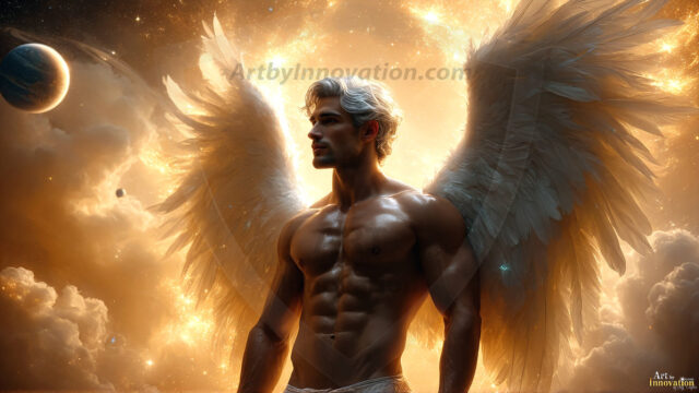A detailed AI generated photograph featuring a beautiful handsome male angel warrior with ethereal skin and a beautiful body. Imbued with feathered wings, enormous and shimmering, a powerful warrior from the heavens. He possesses a strong, sharp jawline, chiseled muscular torso, pectorals, abs, sleek nose high cheekbones, vibrant eyes, silver earrings. With huge vibrate silver feathered wings, enormous and shimmering, with a radiant hue, reflecting light in a mesmerizing way. Here is a raw, untamed energy that emanates from him. His presence is electrifying, drawing viewers in with his captivating gaze and formidable presence. Perfect face, perfect hands.