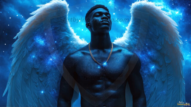 A detailed AI generated photograph featuring a beautiful handsome male angel warrior with ethereal skin and a beautiful body. Imbued with feathered wings, enormous and shimmering, a powerful warrior from the heavens. He possesses a strong, sharp jawline, chiseled muscular torso, pectorals, abs, sleek nose high cheekbones, vibrant eyes, silver earrings. With huge vibrate silver feathered wings, enormous and shimmering, with a radiant hue, reflecting light in a mesmerizing way. Here is a raw, untamed energy that emanates from him. His presence is electrifying, drawing viewers in with his captivating gaze and formidable presence. Perfect face, perfect hands.