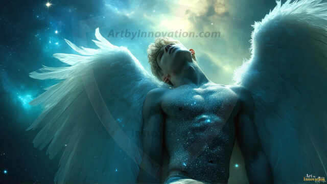 A detailed AI generated photograph featuring a beautiful handsome male angel warrior with ethereal skin and a beautiful body. Imbued with feathered wings, enormous and shimmering, a powerful warrior from the heavens. He possesses a strong, sharp jawline, chiseled muscular torso, pectorals, abs, sleek nose high cheekbones, vibrant eyes, silver earrings. With huge vibrate silver feathered wings, enormous and shimmering, with a radiant hue, reflecting light in a mesmerizing way. Here is a raw, untamed energy that emanates from him. His presence is electrifying, drawing viewers in with his captivating gaze and formidable presence. Perfect face, perfect hands.