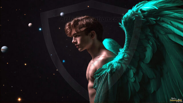A detailed AI generated photograph featuring a beautiful handsome male angel warrior with ethereal skin and a beautiful body. Imbued with feathered wings, enormous and shimmering, a powerful warrior from the heavens. He possesses a strong, sharp jawline, chiseled muscular torso, pectorals, abs, sleek nose high cheekbones, vibrant eyes, silver earrings. With huge vibrate silver feathered wings, enormous and shimmering, with a radiant hue, reflecting light in a mesmerizing way. Here is a raw, untamed energy that emanates from him. His presence is electrifying, drawing viewers in with his captivating gaze and formidable presence. Perfect face, perfect hands.