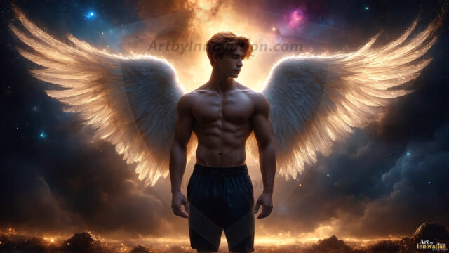 A detailed AI generated photograph featuring a beautiful handsome male angel warrior with ethereal skin and a beautiful body. Imbued with feathered wings, enormous and shimmering, a powerful warrior from the heavens. He possesses a strong, sharp jawline, chiseled muscular torso, pectorals, abs, sleek nose high cheekbones, vibrant eyes, silver earrings. With huge vibrate silver feathered wings, enormous and shimmering, with a radiant hue, reflecting light in a mesmerizing way. Here is a raw, untamed energy that emanates from him. His presence is electrifying, drawing viewers in with his captivating gaze and formidable presence. Perfect face, perfect hands.