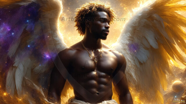 A detailed AI generated photograph featuring a beautiful handsome male angel warrior with ethereal skin and a beautiful body. Imbued with feathered wings, enormous and shimmering, a powerful warrior from the heavens. He possesses a strong, sharp jawline, chiseled muscular torso, pectorals, abs, sleek nose high cheekbones, vibrant eyes, silver earrings. With huge vibrate silver feathered wings, enormous and shimmering, with a radiant hue, reflecting light in a mesmerizing way. Here is a raw, untamed energy that emanates from him. His presence is electrifying, drawing viewers in with his captivating gaze and formidable presence. Perfect face, perfect hands.