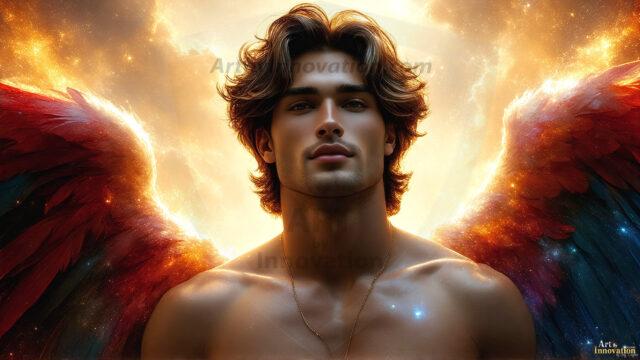 A detailed AI generated photograph featuring a beautiful handsome male angel warrior with ethereal skin and a beautiful body. Imbued with feathered wings, enormous and shimmering, a powerful warrior from the heavens. He possesses a strong, sharp jawline, chiseled muscular torso, pectorals, abs, sleek nose high cheekbones, vibrant eyes, silver earrings. With huge vibrate silver feathered wings, enormous and shimmering, with a radiant hue, reflecting light in a mesmerizing way. Here is a raw, untamed energy that emanates from him. His presence is electrifying, drawing viewers in with his captivating gaze and formidable presence. Perfect face, perfect hands.